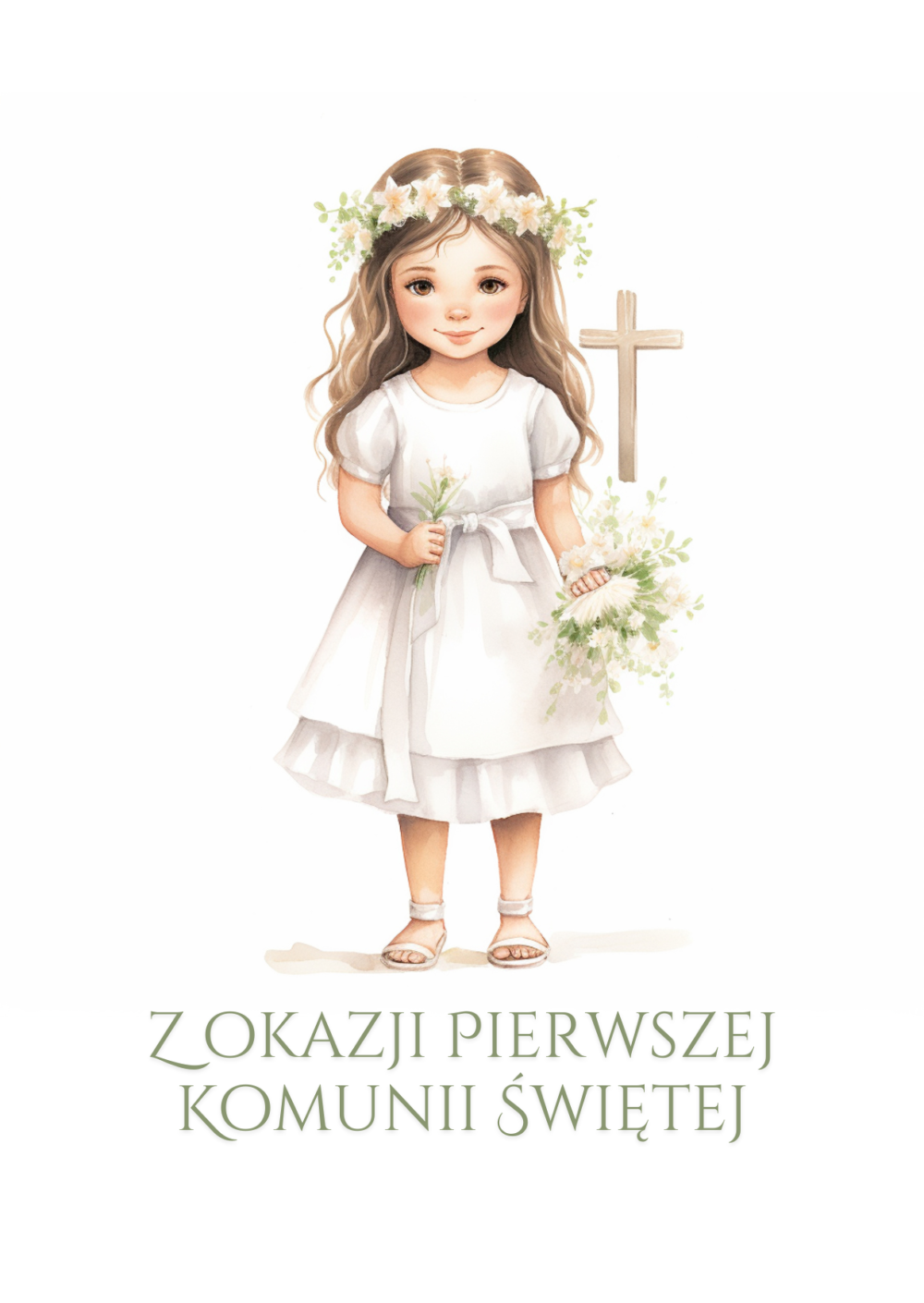 1 BRZYDKA KARTKA Kolekcja Pierwsza Komunia Święta - Kartka komunijna po polsku – dziewczynka w wianku i białej albie
