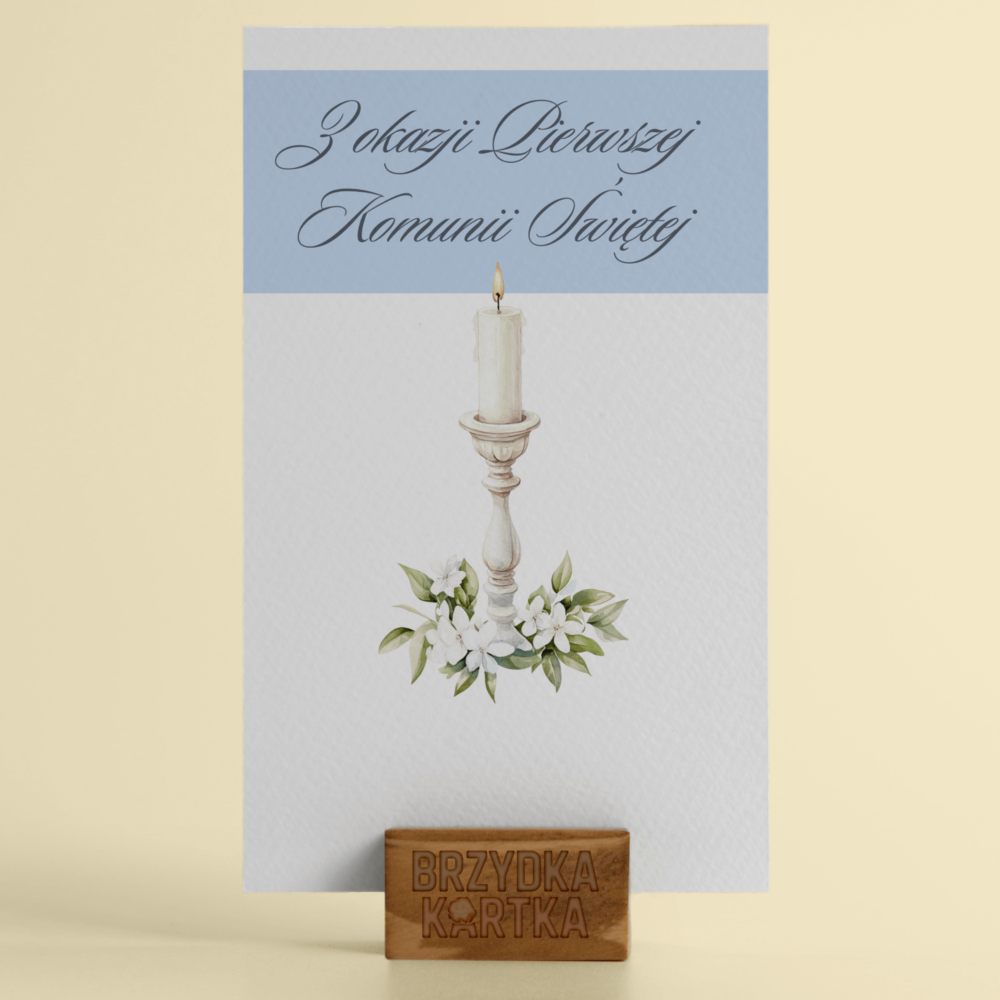Pamiątka Pierwszej Komunii Świętej – Kartka z ilustracją świecy niebieska