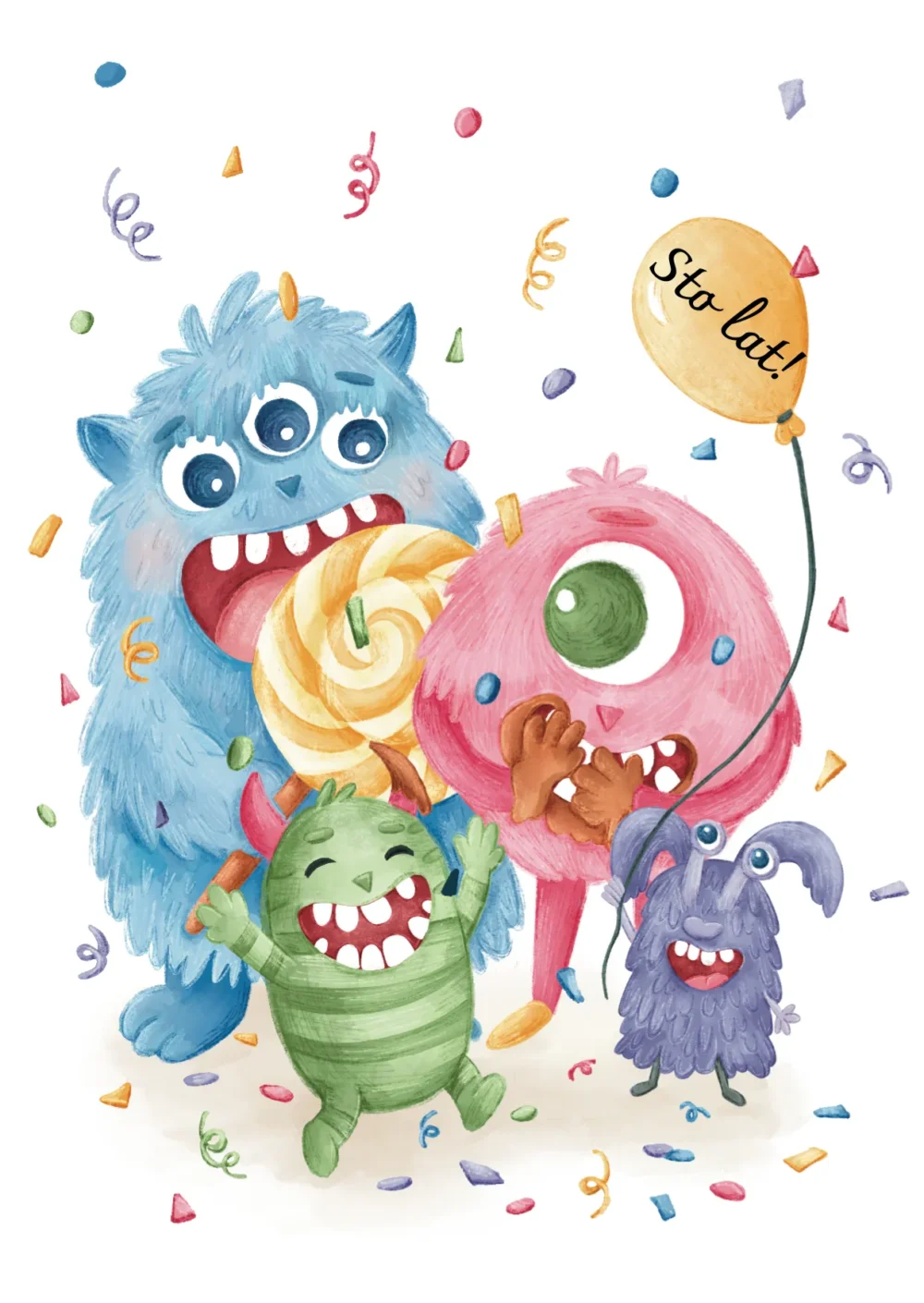 obraz K23-2025 - Potwór z białym tłem Potwór z białym tłem, kartka z napisem "Sto lat" na urodziny, dla dzieci