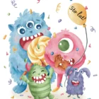 Potwór z białym tłem, kartka z napisem "Sto lat" na urodziny, dla dzieci